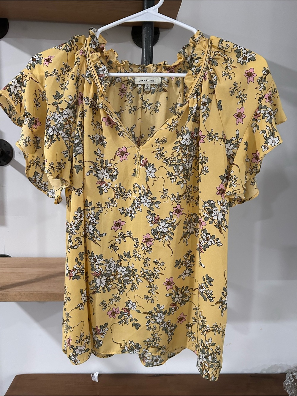 Max Studio Yellow Floral Ruffle-Sleeve Blouse